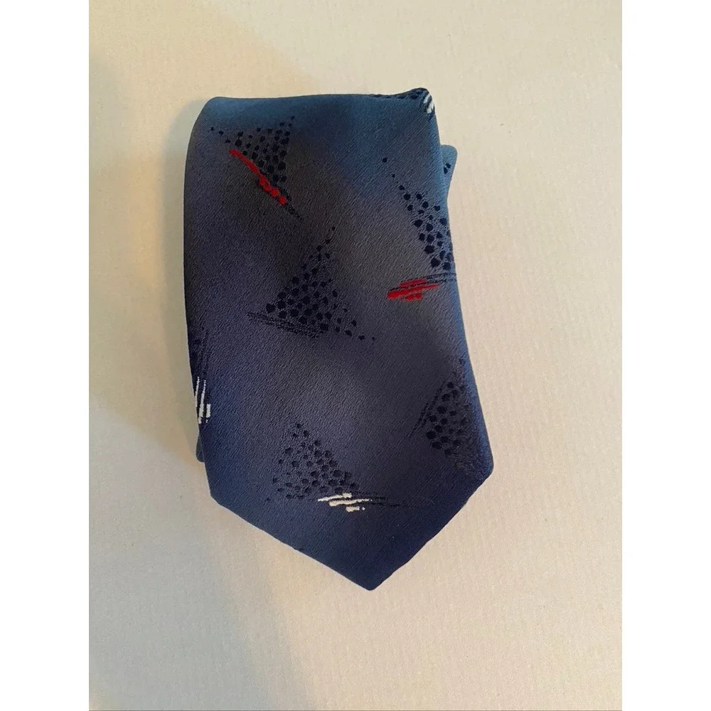 Rick Bennett Mens Navy Blue Abstract Geometric Pattern Necktie Modern Silk Blend